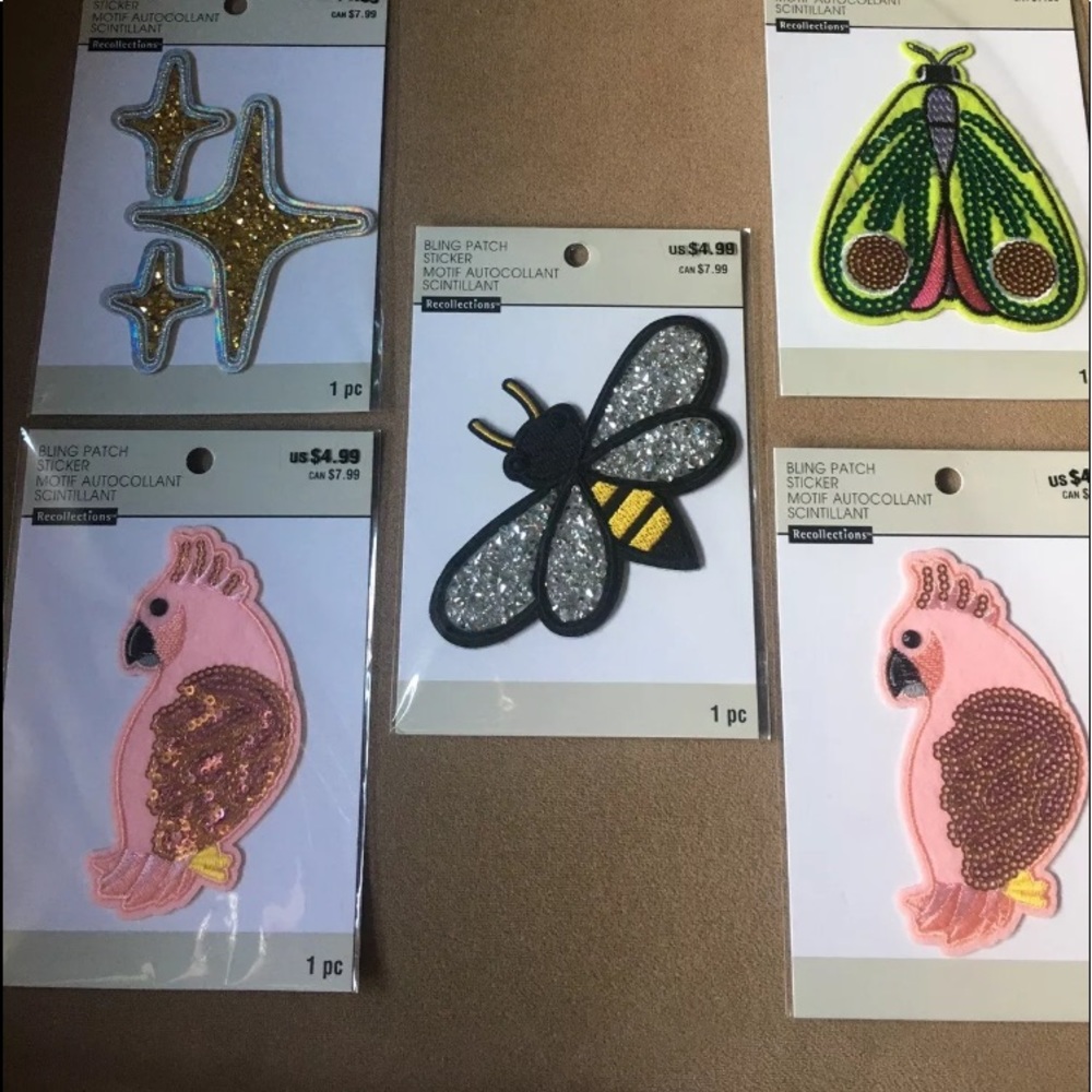 5 BLING PATCHES -for clothing, accessories etc. autocollants. Stickers or sew on